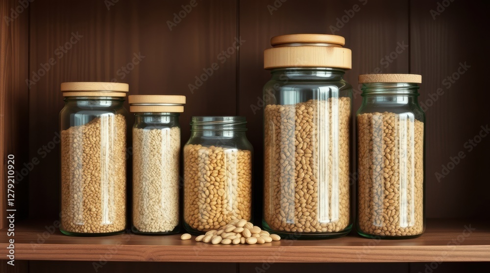 Pantry staples stored in glass jars with wooden lids, neatly arranged on a dark wood shelf. Pantry staples stored in glass jars with wooden lids, neatly arranged on a dark wood shelf.
