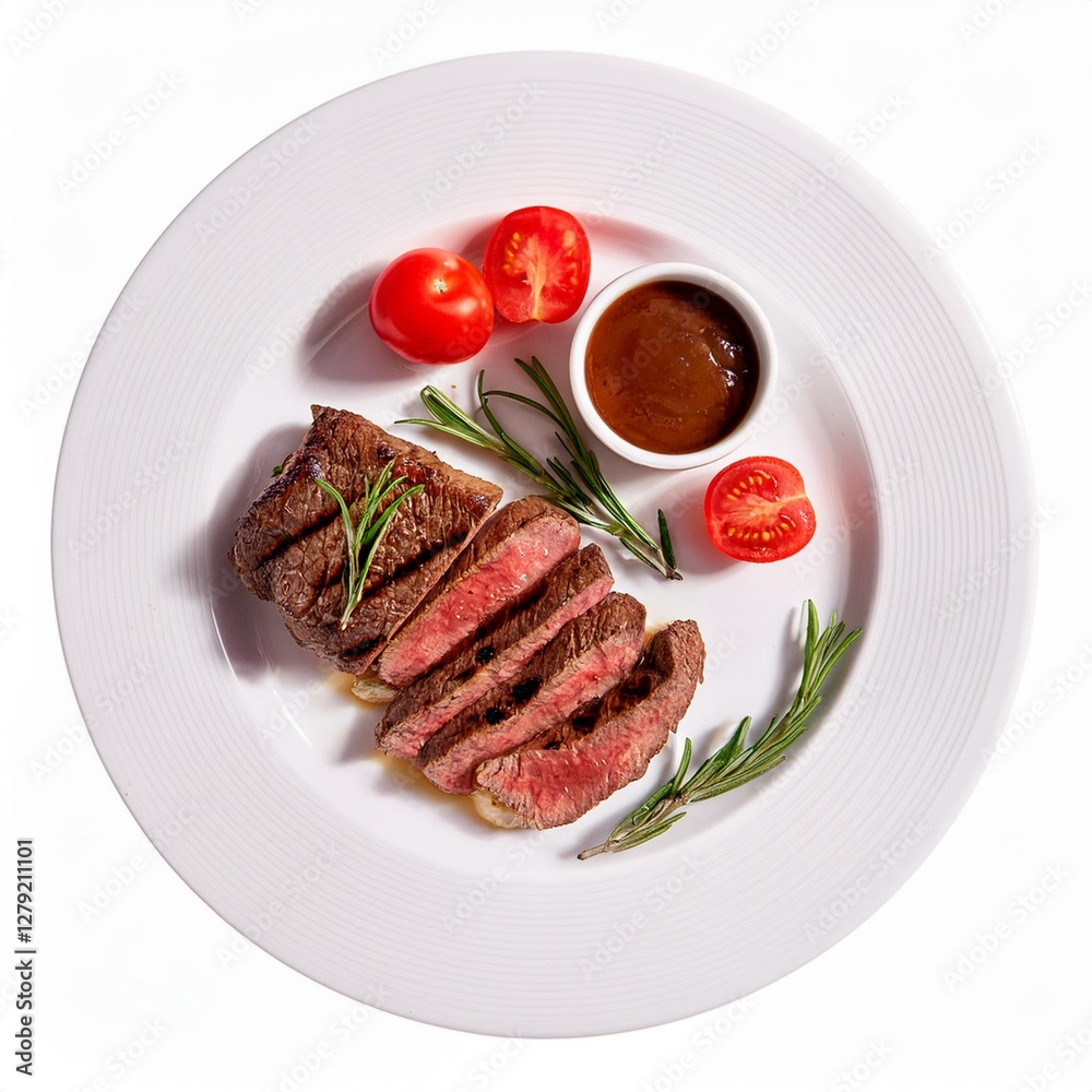 Grilled Sliced Beef Steak with Sauce, Tomatoes, and Rosemary on a White Plate – Top View Isolated on White Background Grilled Sliced Beef Steak with Sauce, Tomatoes, and Rosemary on a White Plate – Top View Isolated on White Background