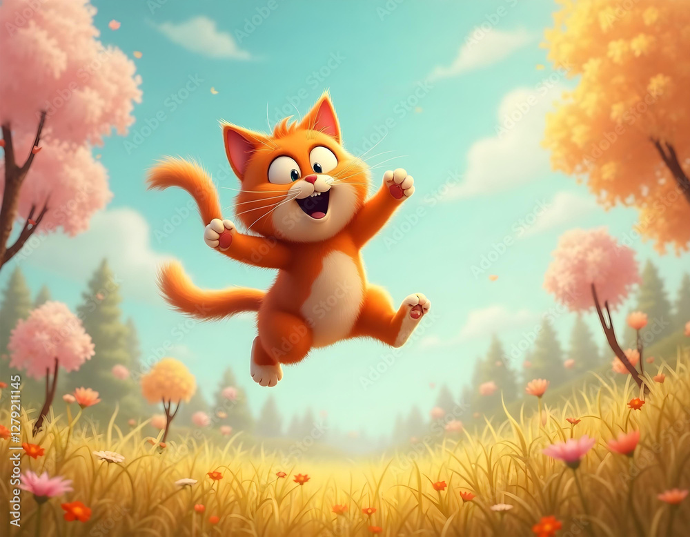 Funny red ginger cat flying in the air in spring. Cartoon illustration for tales