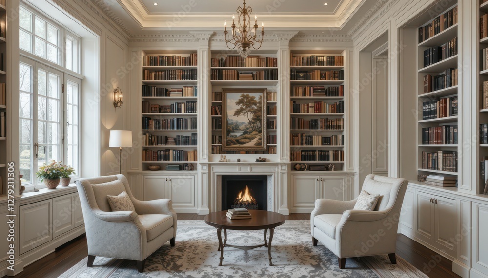 Elegant home library with classic decor and cozy reading nook Elegant home library with classic decor and cozy reading nook