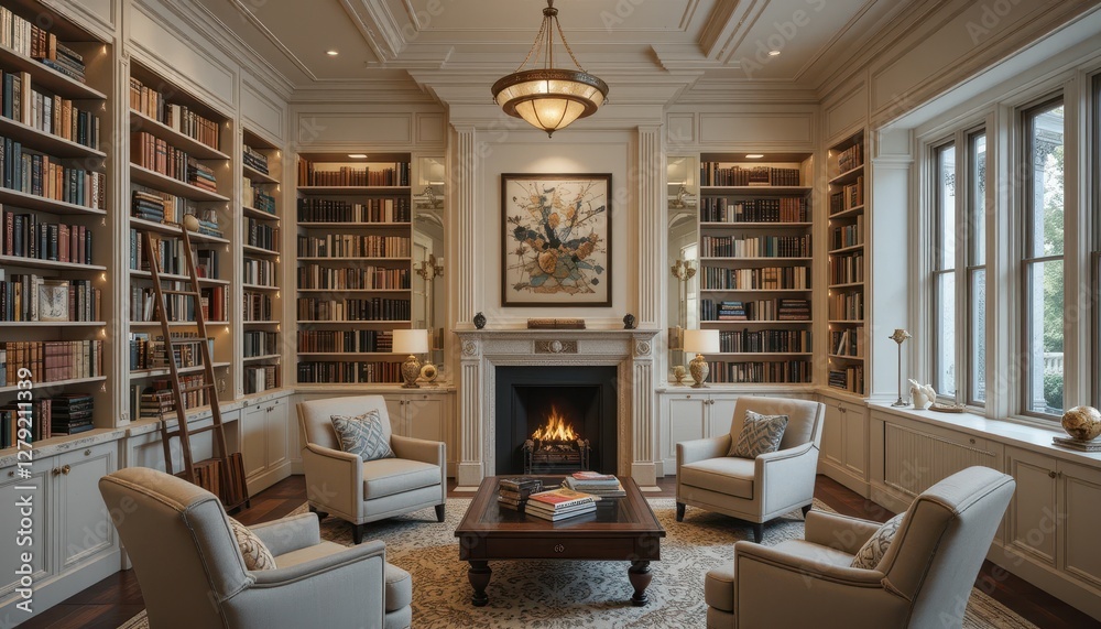 Fototapeta premium Cozy library interior with bookshelves and comfortable seating area