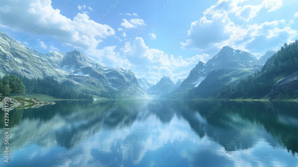 serene lake surrounded by majestic mountains reflects clear blue sky and fluffy clouds, creating tranquil atmosphere serene lake surrounded by majestic mountains reflects clear blue sky and fluffy clouds, creating tranquil atmosphere