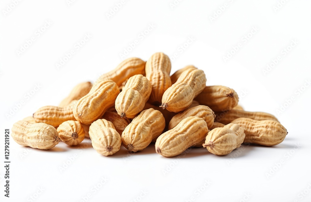 Roasted peanuts in shell isolated on white backdrop. Healthy snack, source of protein, dietary fiber. Pile of unpeeled groundnuts rich in nutrients. Vegetarian, vegan food ingredient. Macro, close-up. Roasted peanuts in shell isolated on white backdrop. Healthy snack, source of protein, dietary fiber. Pile of unpeeled groundnuts rich in nutrients. Vegetarian, vegan food ingredient. Macro, close-up.
