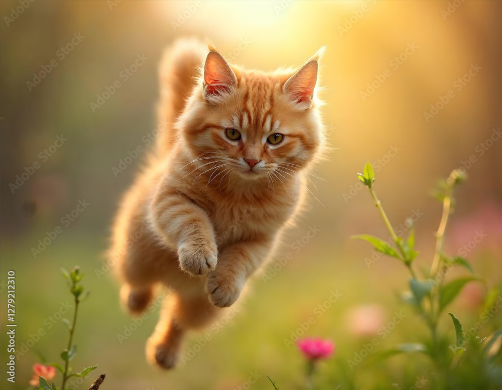 Funny red ginger cat flying in the air in spring