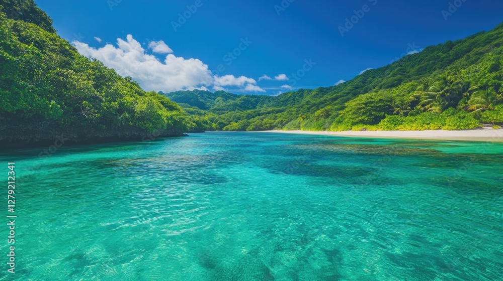 Fototapeta premium Tropical coastline showcases crystal-clear waters, lush greenery