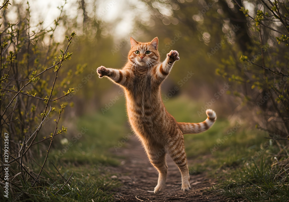 Funny red ginger cat flying in the air in spring