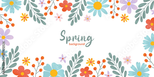 Spring or summer frame decorated hand drawn flowers, leafy greenery, berries with grainy textures. Perfect for seasonal branding, nature inspire wall art, banner, poster, social media.