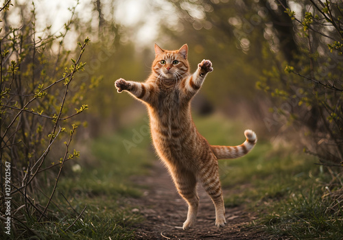 Obraz na płótnie Funny red ginger cat flying in the air in spring w salonie