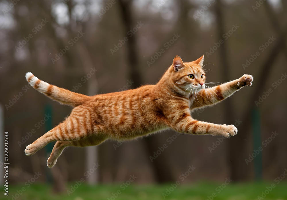 Funny red ginger cat flying in the air in spring