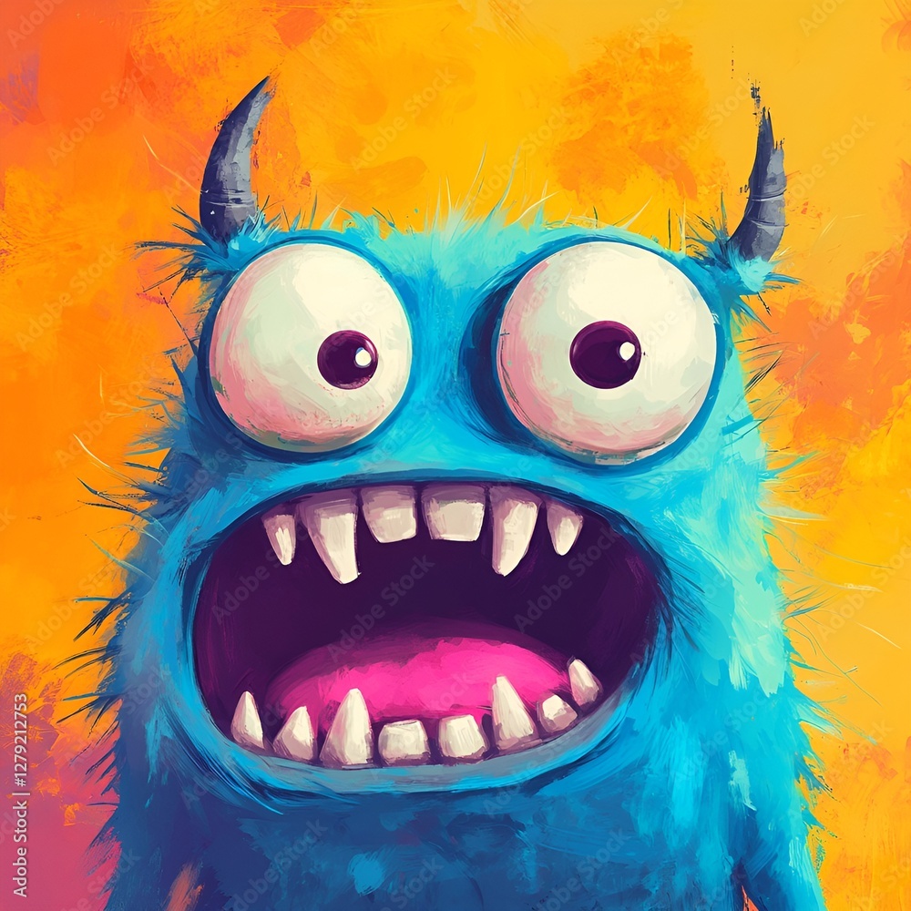 Fototapeta premium A vibrant blue furry monster with large eyes, sharp teeth, and tiny horns, smiling against a warm orange background.