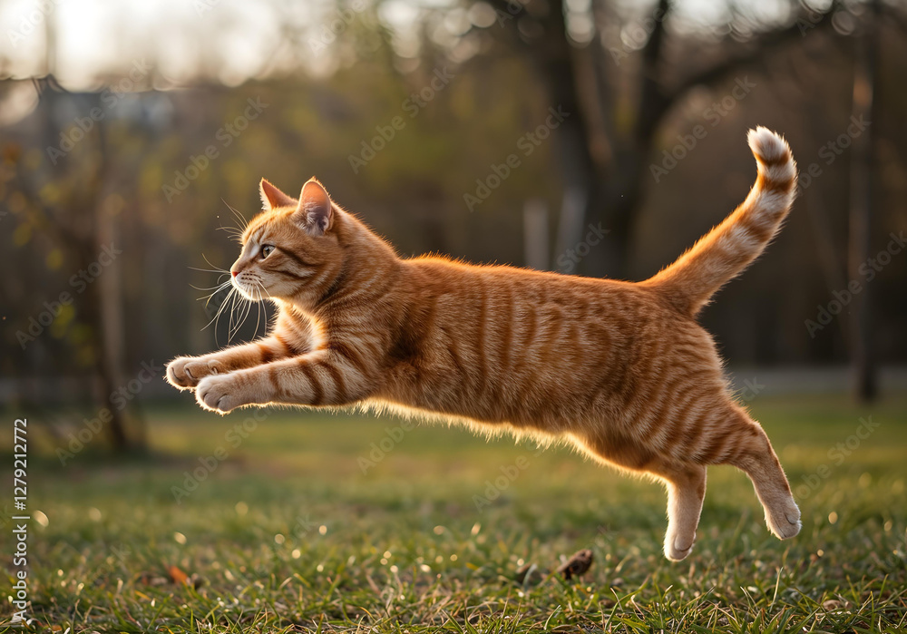 Funny red ginger cat flying in the air in spring