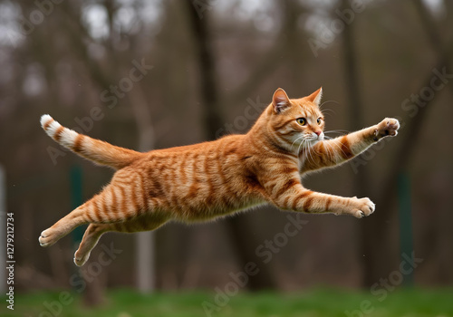 Obraz na płótnie Funny red ginger cat flying in the air in spring w salonie