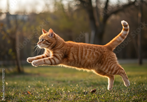 Obraz na płótnie Funny red ginger cat flying in the air in spring w salonie