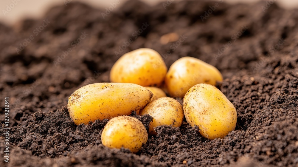 Harvesting yellow potatoes from rich soil in a bountiful farm field Harvesting yellow potatoes from rich soil in a bountiful farm field
