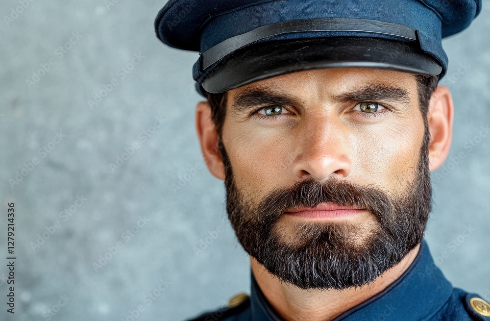 Close Up Portrait of a Man in a Dark Blue Uniform with Water Droplets