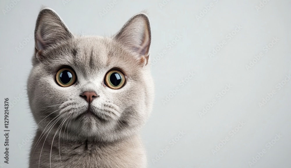 Close Up Portrait of Grey British Shorthair Cat with Yellow Eyes Against Light Grey Background Close Up Portrait of Grey British Shorthair Cat with Yellow Eyes Against Light Grey Background