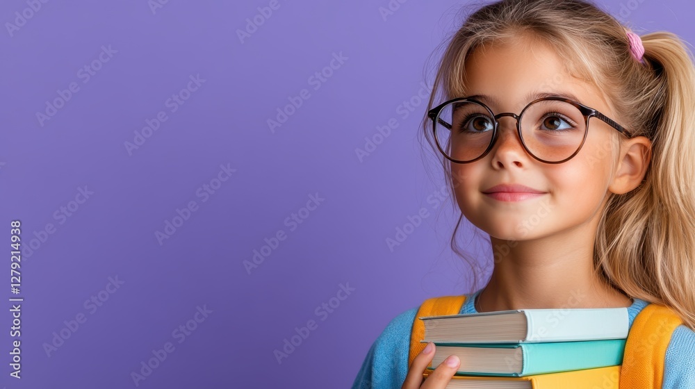 Curious student pondering ideas with books in pastel purple backdrop
