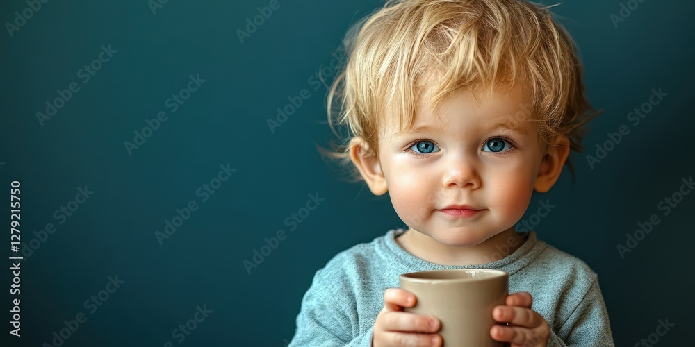 Child holding a cup while looking curiously at the camera in a cozy indoor setting Child holding a cup while looking curiously at the camera in a cozy indoor setting