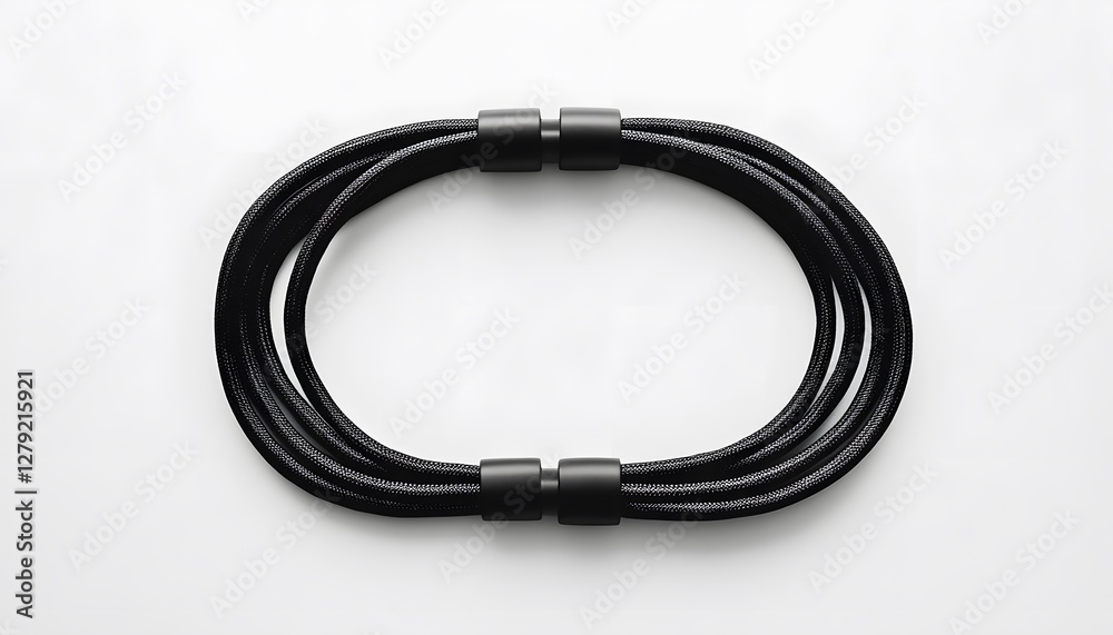 Braided black cable with matte connectors forms an oval shape Braided black cable with matte connectors forms an oval shape