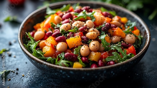 Home cooked vegetable and bean meal served on a rustic table with soft lighting