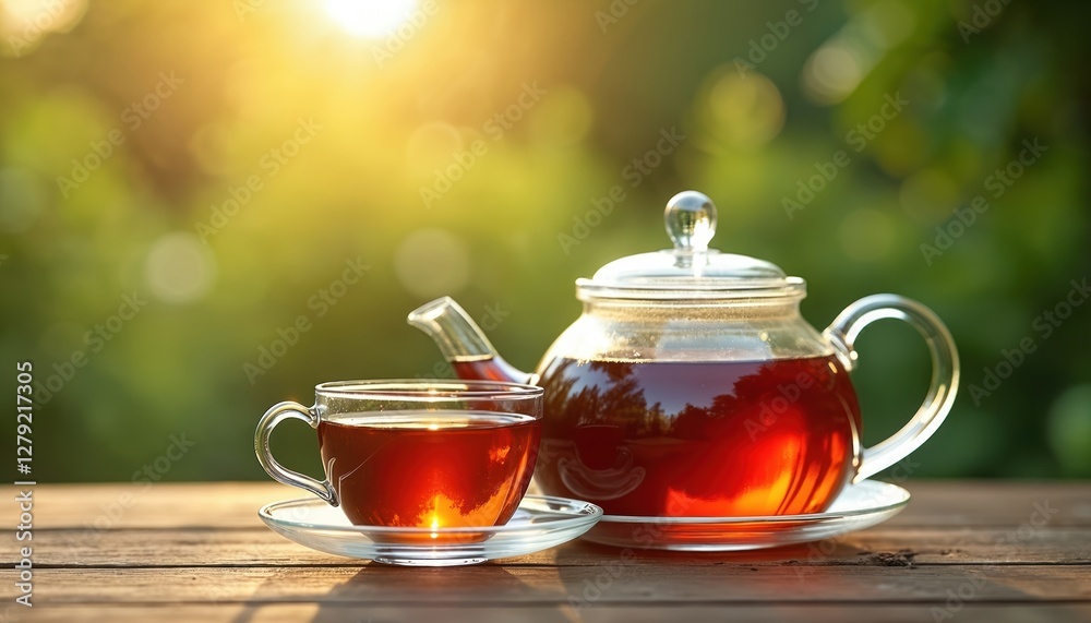 Aromatic black tea in glass cup and teapot on summer sunny outdoors. Hot tasty beverage on wooden table with fresh green blurred bokeh background. Ceylon refreshment on breakfast. Health and spa. Aromatic black tea in glass cup and teapot on summer sunny outdoors. Hot tasty beverage on wooden table with fresh green blurred bokeh background. Ceylon refreshment on breakfast. Health and spa.