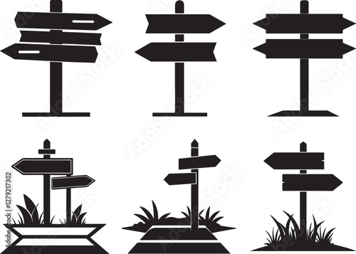 set of direction arrow wooden road sign board silhouette, black and white silhouette, vector and illustration