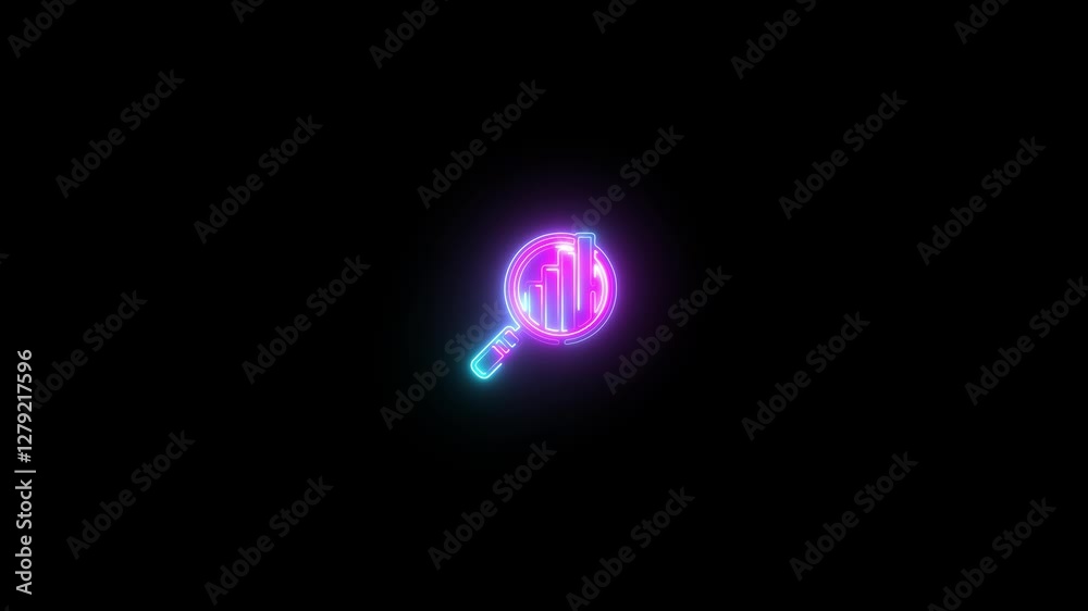 Neon Data search icon , data analysis with business graph and magnifying glass. Magnifying glass search icon with graph sign Animation with glowing neon Neon Data search icon , data analysis with business graph and magnifying glass. Magnifying glass search icon with graph sign Animation with glowing neon