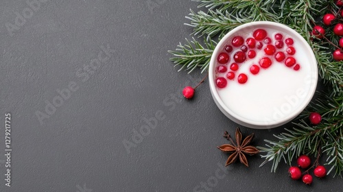 Cranberry Yogurt in White Bowl, Dark Background, Festive Accents photo