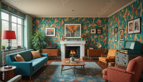 Vibrant Retro Living Room with Colorful Wallpaper and Cozy Atmosphere