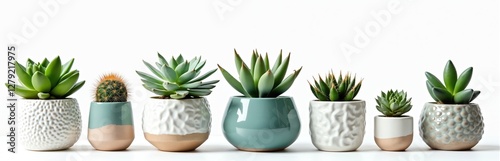 Collection of mini cactus, succulent plants. Various types of small houseplants in modern ceramic nordic vase pots. Home natural decor elements isolated on white. Growing floral botanical composition.