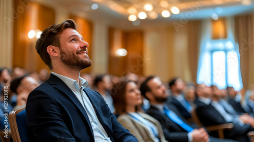 Attentive businessman at conference, listening to speaker, luxury hotel ballroom background.  Perfect for business, conference, leadership, and success marketing