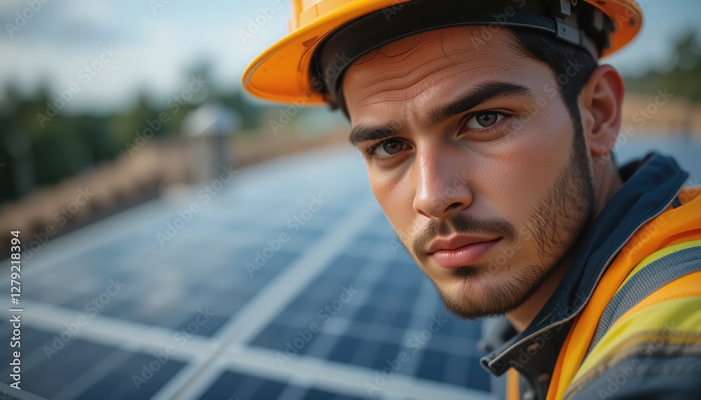 Fototapeta premium A focused technician examines solar panels while wearing a hard hat and safety gear, ensuring optimal performance on a sunny day at a sustainable energy facility