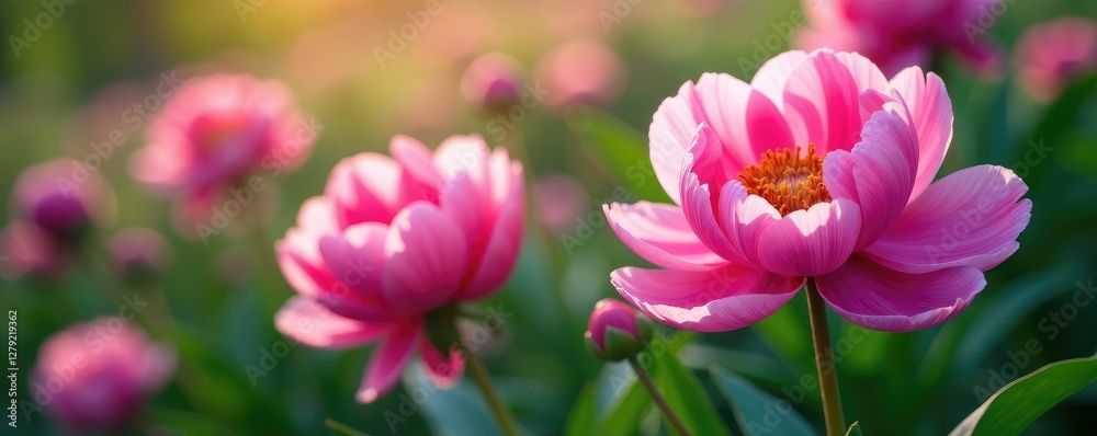 Colorful peonies unfurl their delicate petals, spring