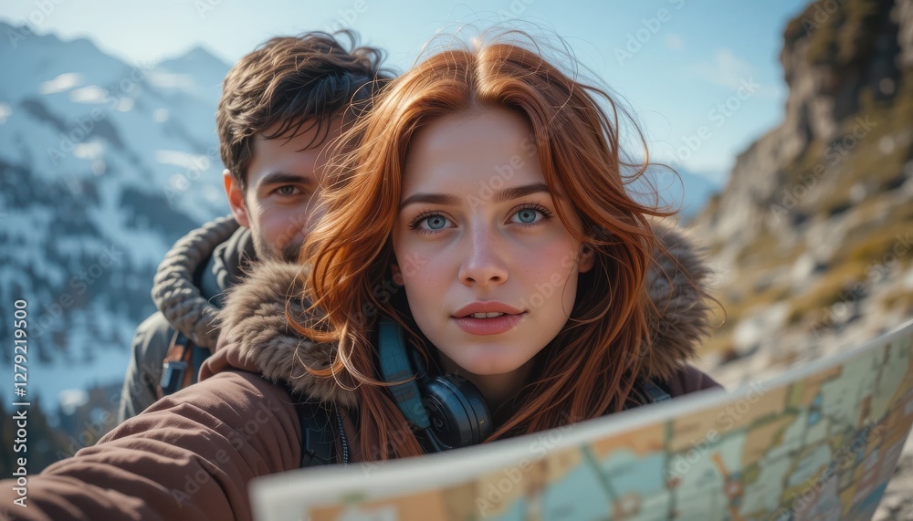 Fototapeta premium A young couple stands amidst stunning mountain views, studying a map for their next hiking adventure. Bright sunlight highlights their excitement and anticipation in the fresh air