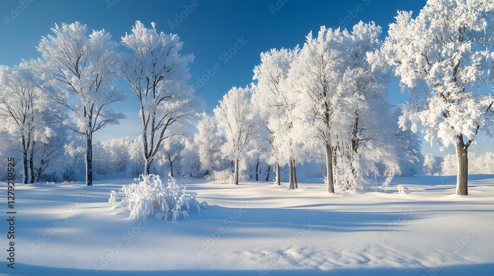 Obraz premium Serene Winter Landscape with Icy Trees and Soft Snow Cover – Generative AI