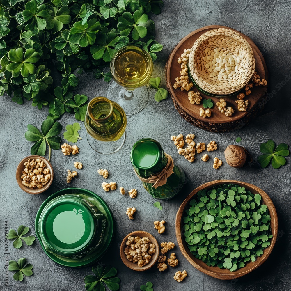 Green-Themed Flat Lay with Shamrocks and Drinks Green-Themed Flat Lay with Shamrocks and Drinks
