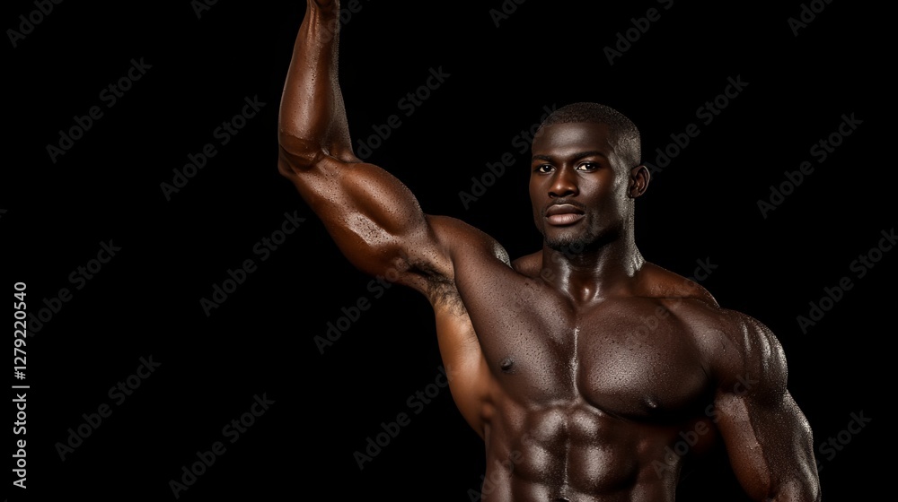 Powerful physique of a young Black man, showcasing his muscular build against a dark background. Strength and fitness. Powerful physique of a young Black man, showcasing his muscular build against a dark background. Strength and fitness.