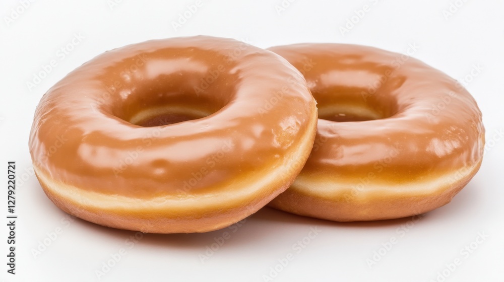 Two glazed donuts placed side by side on a white background, ideal for dessert photography Two glazed donuts placed side by side on a white background, ideal for dessert photography