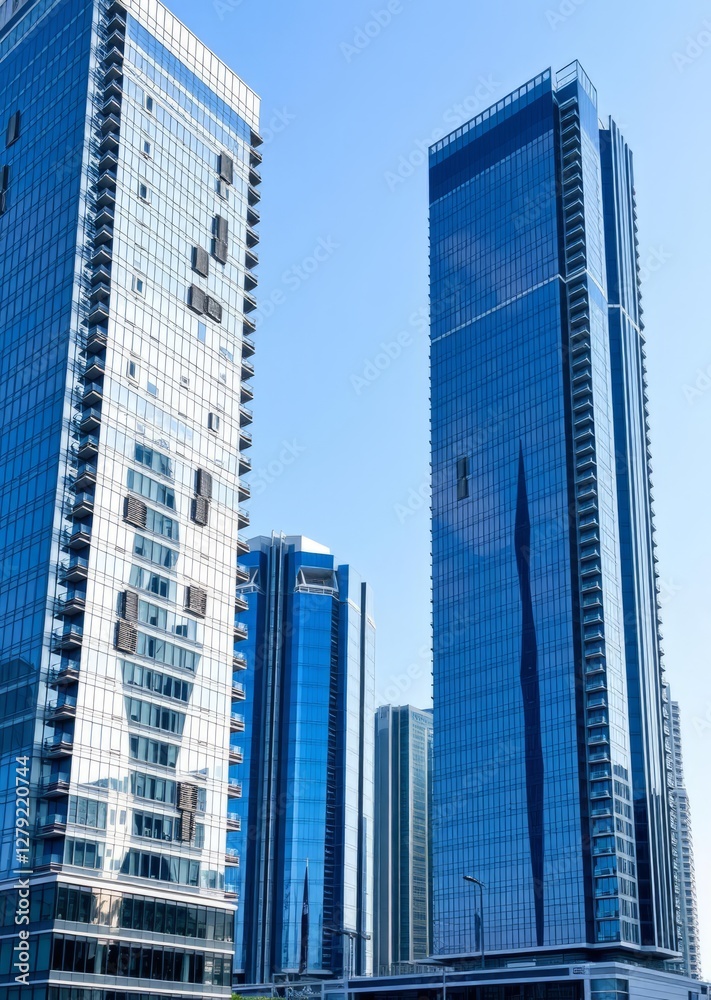 A photograph of a modern city skyline with three tall skyscrapers. The buildings are made of glass and steel, reflecting the blue sky and clouds. The tallest building is on the right, with a sleek and A photograph of a modern city skyline with three tall skyscrapers. The buildings are made of glass and steel, reflecting the blue sky and clouds. The tallest building is on the right, with a sleek and