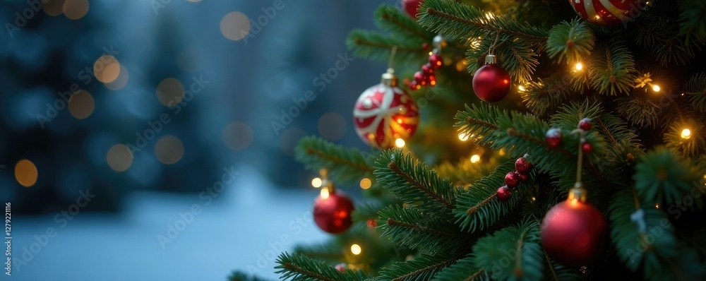 Evergreen Christmas tree with twinkling lights and ornaments, festive decorations, winter wonderland Evergreen Christmas tree with twinkling lights and ornaments, festive decorations, winter wonderland