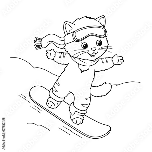 Cute cartoon cat snowboarding in winter scene, perfect for coloring pages.