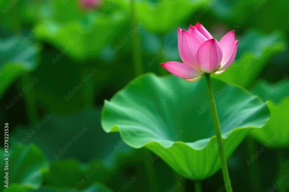 Green leafy stem with a single pink lotus flower blooming, blooming, leaves Green leafy stem with a single pink lotus flower blooming, blooming, leaves