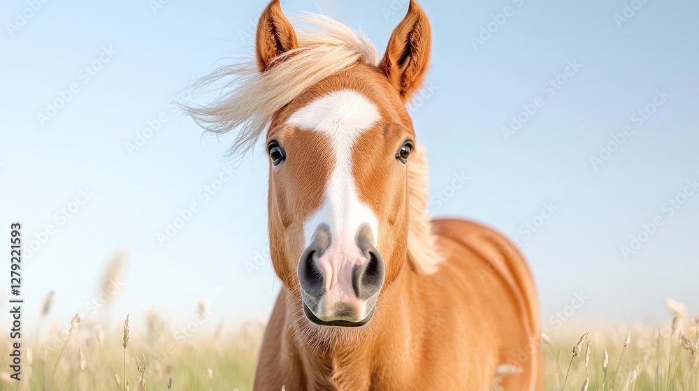 Palomino horse portrait, field background, summer day, nature Palomino horse portrait, field background, summer day, nature