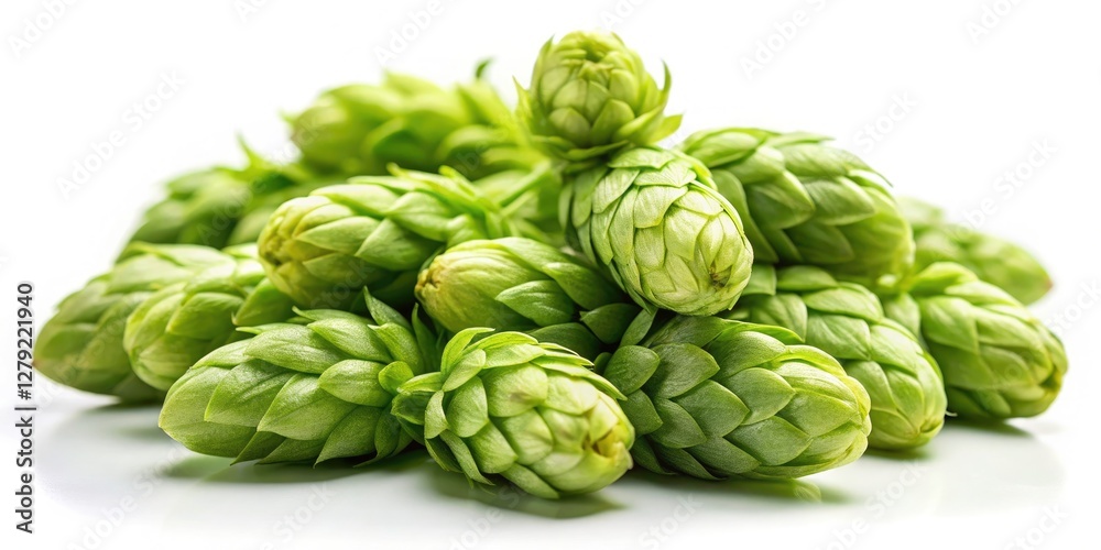 Fototapeta premium Green Hops Isolated, Tilt-Shift Macro Photography, Brewing Ingredient, White Background