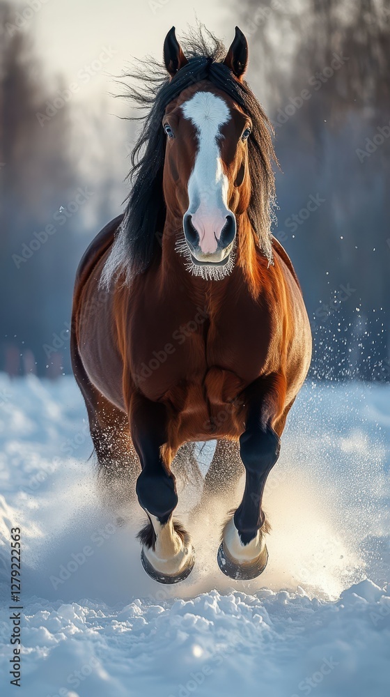 Obraz premium Beautiful brown horse gallops through snowy landscape during early morning light