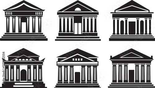 set of theater building with columns silhouette, black and white silhouette, vector and illustration