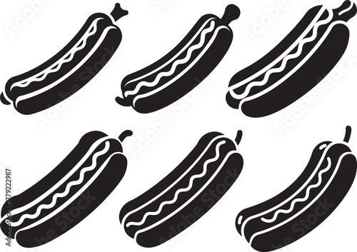 set of hot dog silhouette, black and white silhouette, vector and illustration