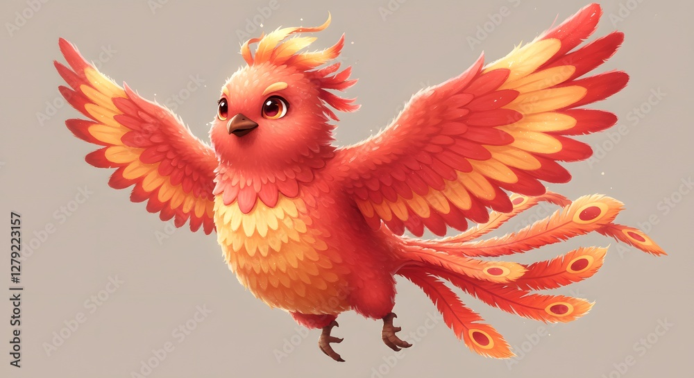 Obraz premium Flying Phoenix Bird with Red and Yellow Feathers Cartoon Illustration