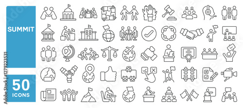 Set of 50 line icons related to summit, conference, international relations, diplomacy, meeting, embassy, governance, mediation, protocol, speech, consulate, Editable stroke. Vector illustration