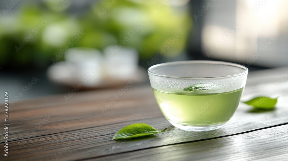 Refreshing green tea in a delicate cup resting on a wooden surface Refreshing green tea in a delicate cup resting on a wooden surface
